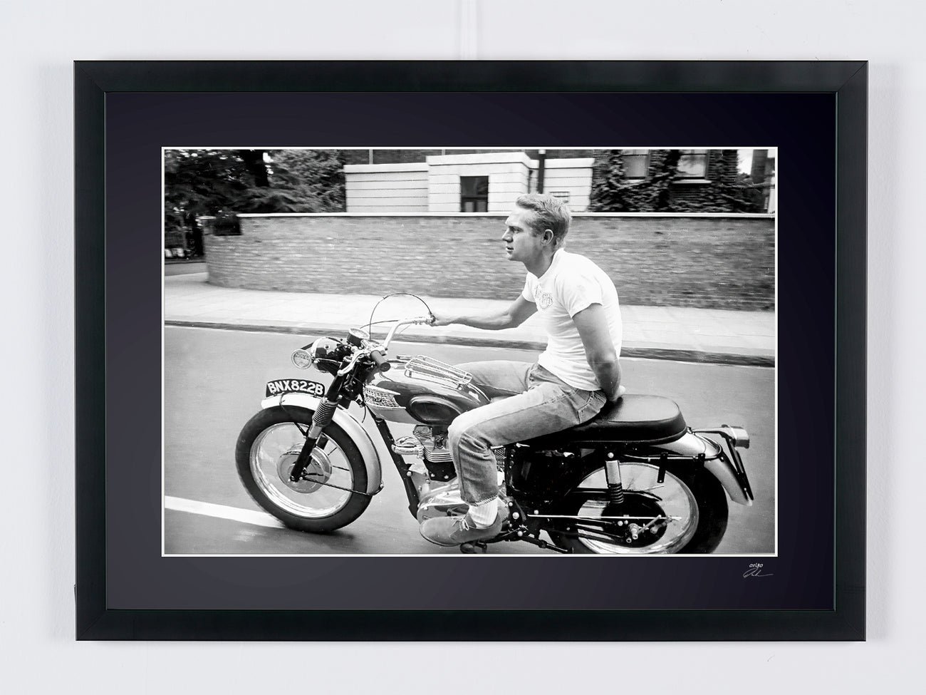 Fine art photograph of Steve McQueen in Steve McQueen on Triumph TR6 1966, hand-framed — limited edition of 30 numbered prints.