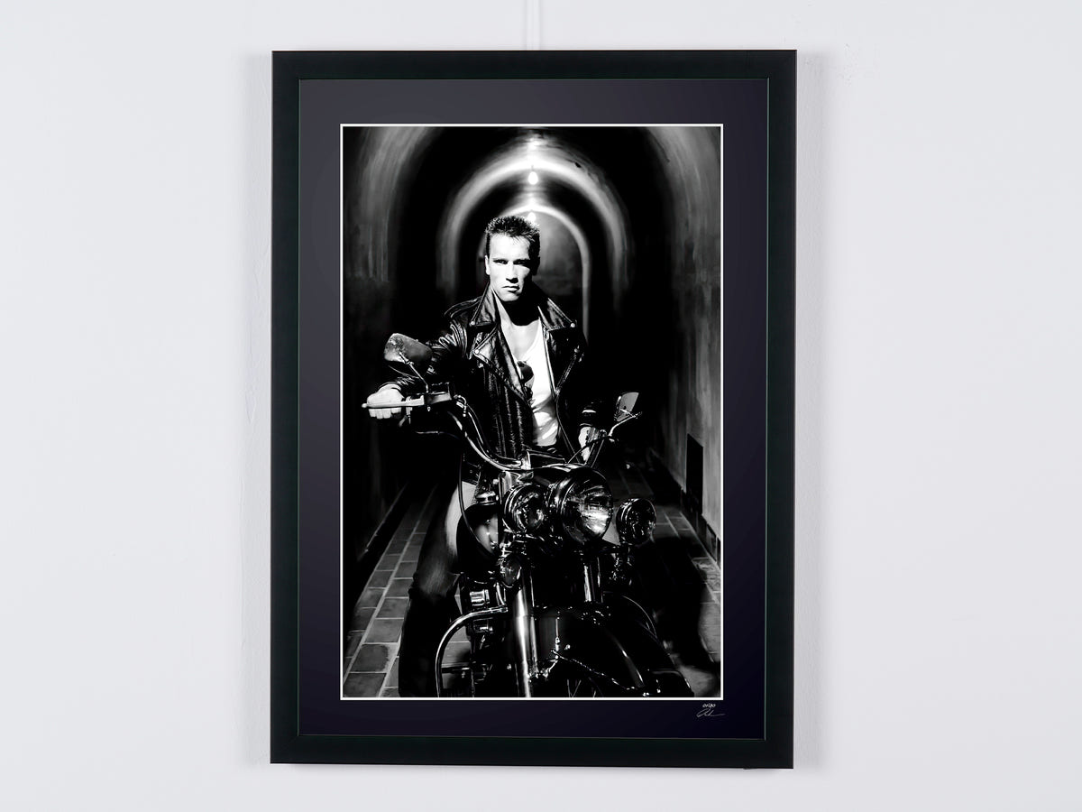 Photographie d’art de Arnold Schwarzenegger dans Terminator 2 : Le Jugement dernier, encadrée à la main — édition limitée de 30 exemplaires numérotés.