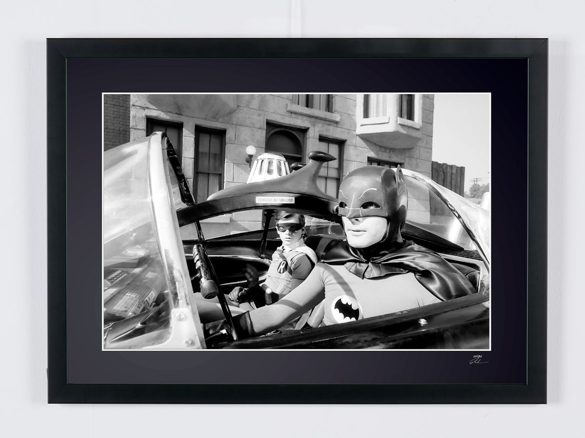 Batman (TV series) — Adam West and Burt Ward aboard the Batmobile
