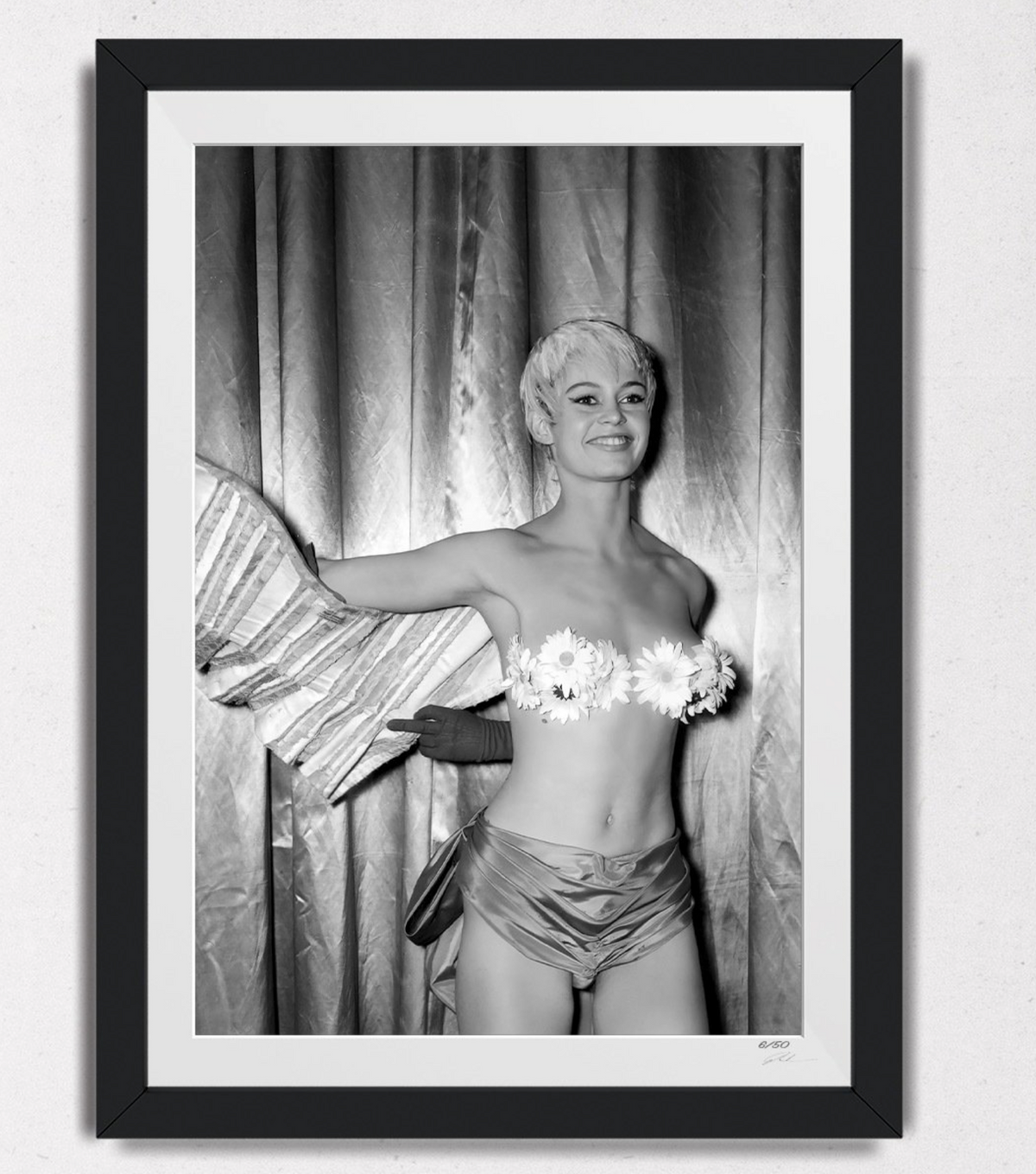 Fine art photograph of Brigitte Bardot in En effeuillant la marguerite, hand-framed — limited edition of 30 numbered prints.