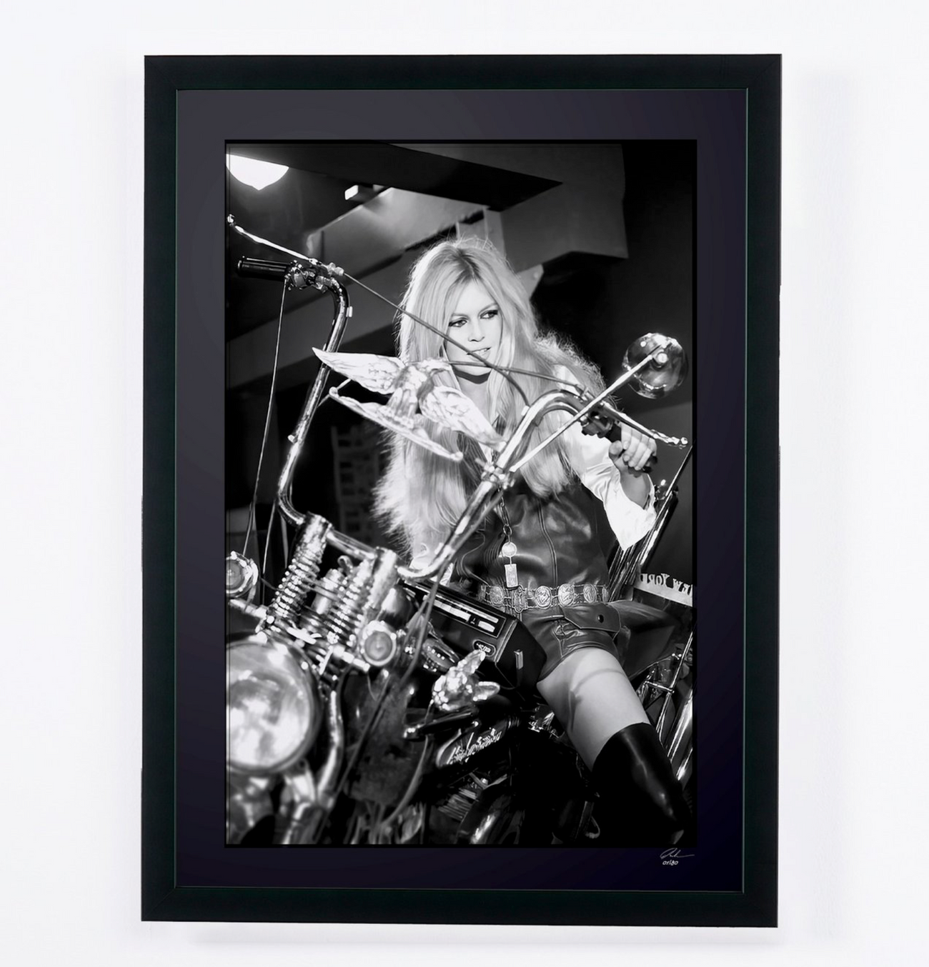 Fine art photograph of Brigitte Bardot in Brigitte Bardot - Harley-Davidson 1968, hand-framed — limited edition of 30 numbered prints.