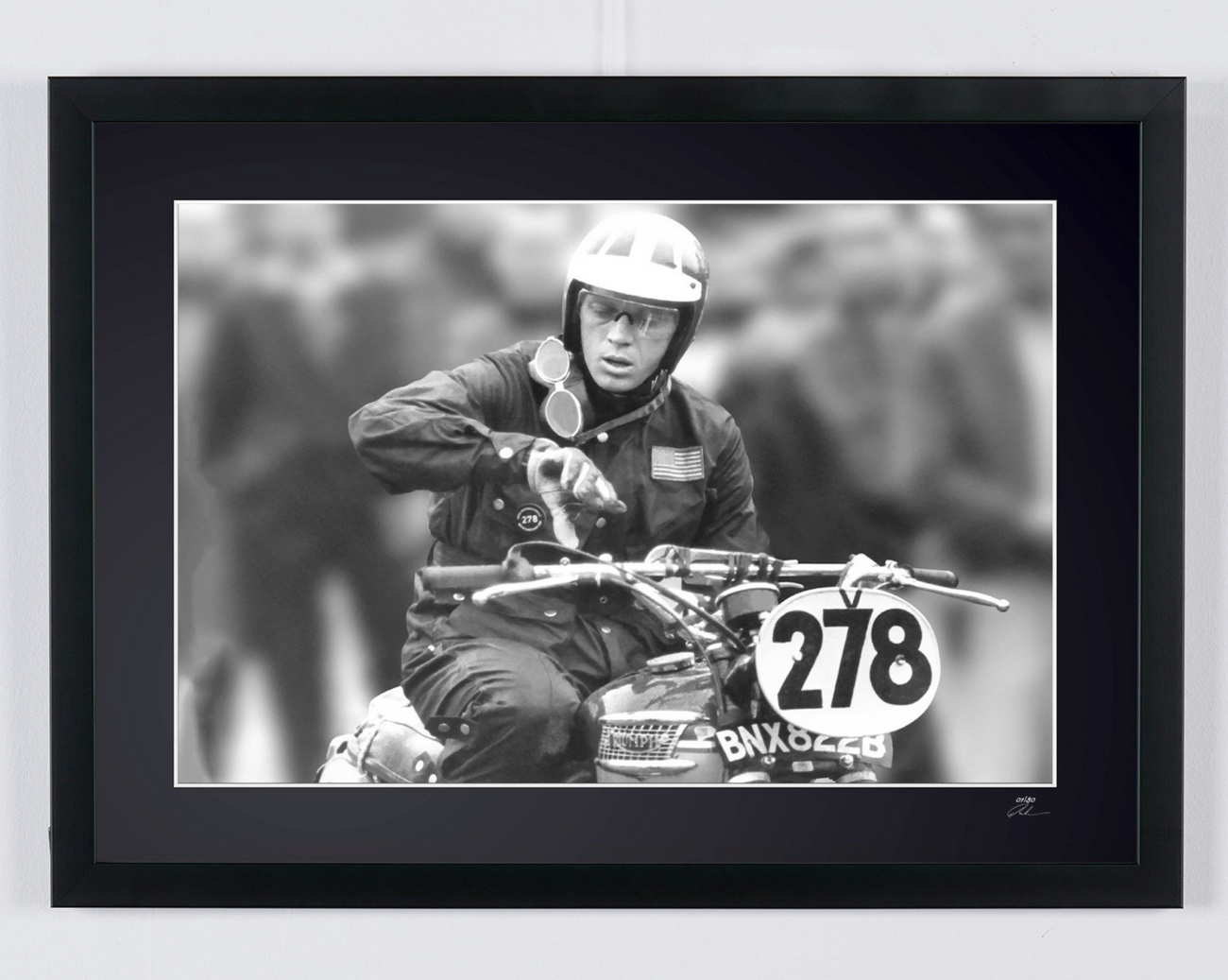 Fine art photograph of Steve McQueen in Steve McQueen - #278 - The King's number - International Six Days, hand-framed — limited edition of 30 numbered prints.