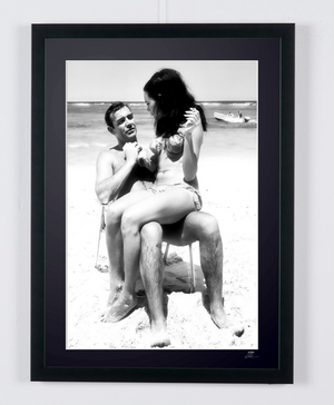 James Bond 007: Thunderball (1965) - Sean Connery & Martine Beswick relaxing on the beach (black and white) — framed cinema photograph