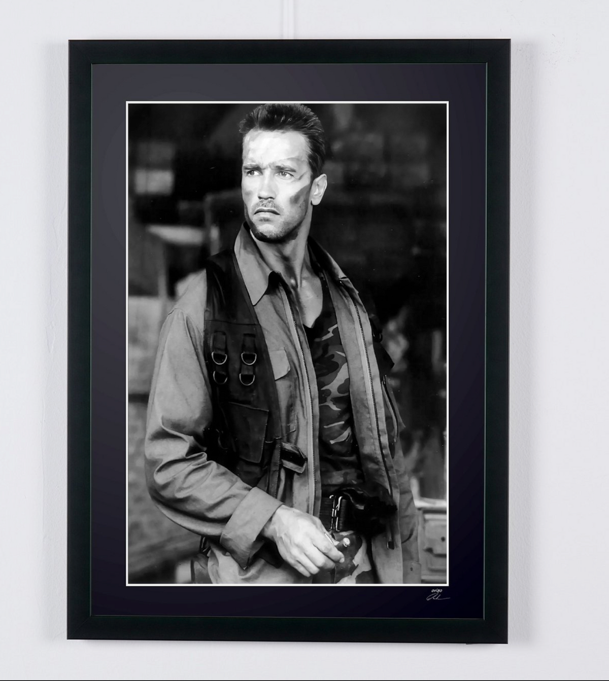 Fine art photograph of Arnold Schwarzenegger in Predator, hand-framed — limited edition of 30 numbered prints.