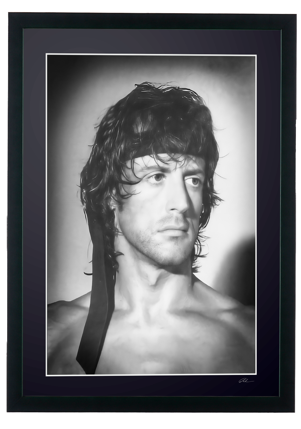 Photographie d’art de Sylvester Stallone dans Rambo, encadrée à la main — édition limitée de 30 exemplaires numérotés.