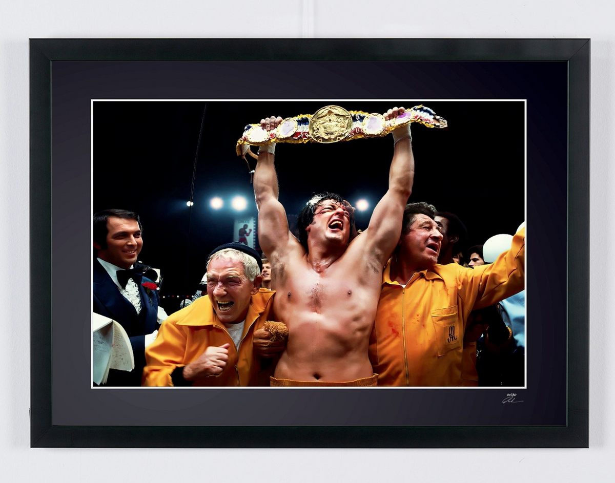 Fine art photograph of Sylvester Stallone in Rocky II, hand-framed — limited edition of 30 numbered prints.