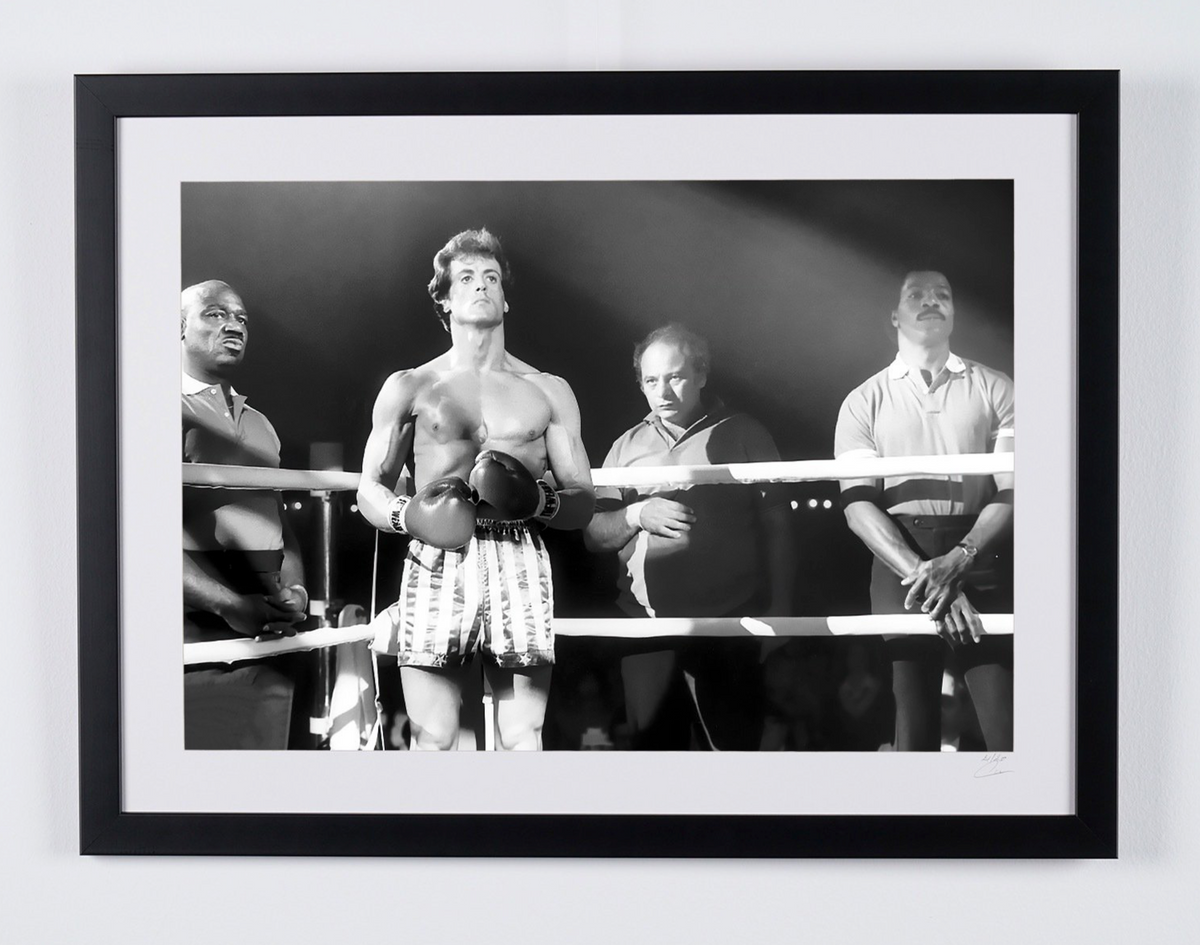 Fine art photograph of Sylvester Stallone in Rocky III, hand-framed — limited edition of 30 numbered prints.