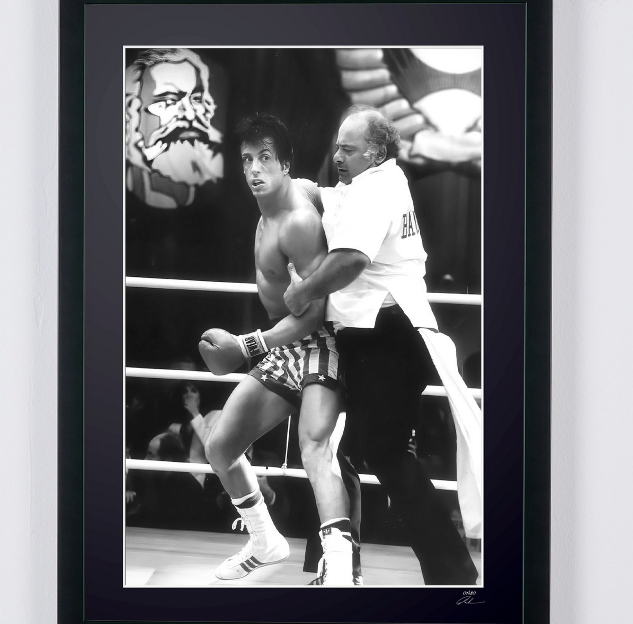 Fine art photograph of Sylvester Stallone in Rocky IV, hand-framed — limited edition of 30 numbered prints.