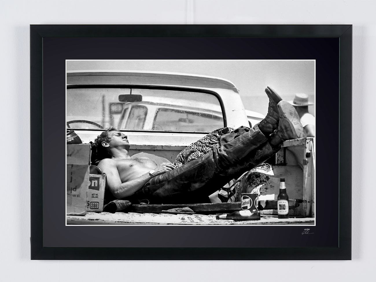 Fine art photograph of Steve McQueen in Steve McQueen - Mojave Desert 1963, hand-framed — limited edition of 30 numbered prints.
