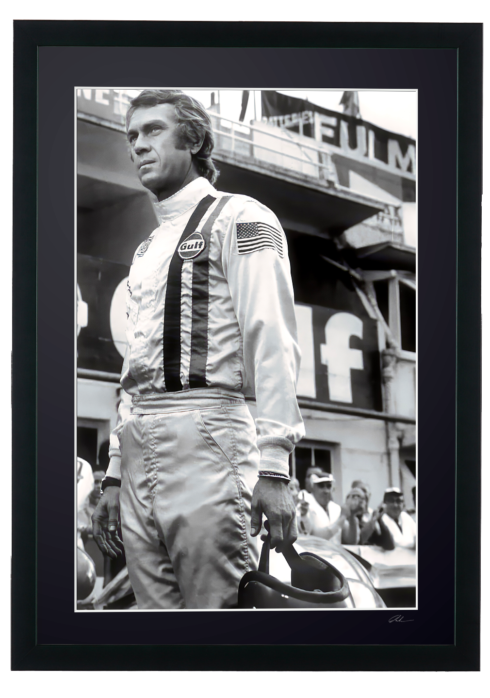 Photographie d’art de Steve McQueen dans Le Mans, encadrée à la main — édition limitée de 30 exemplaires numérotés.