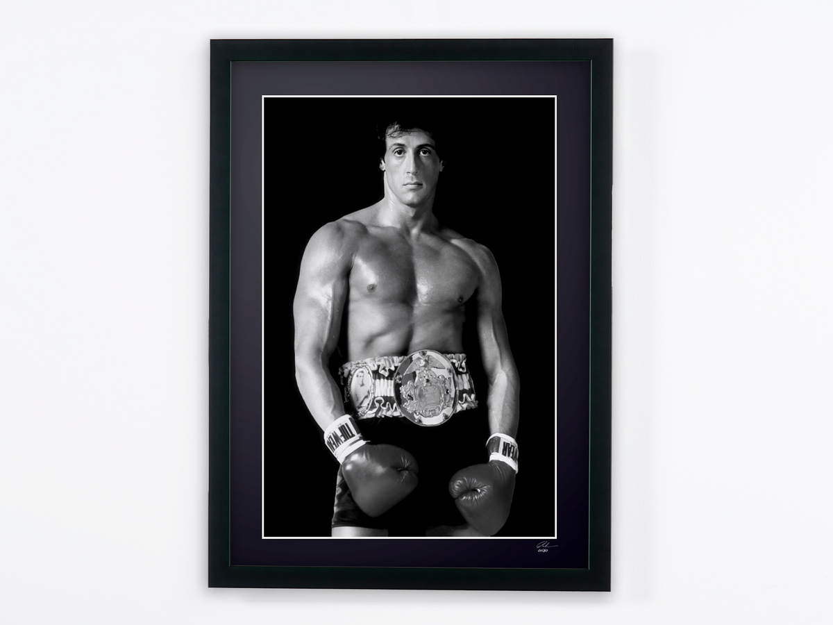 Fine art photograph of Sylvester Stallone in Rocky, hand-framed — limited edition of 30 numbered prints.