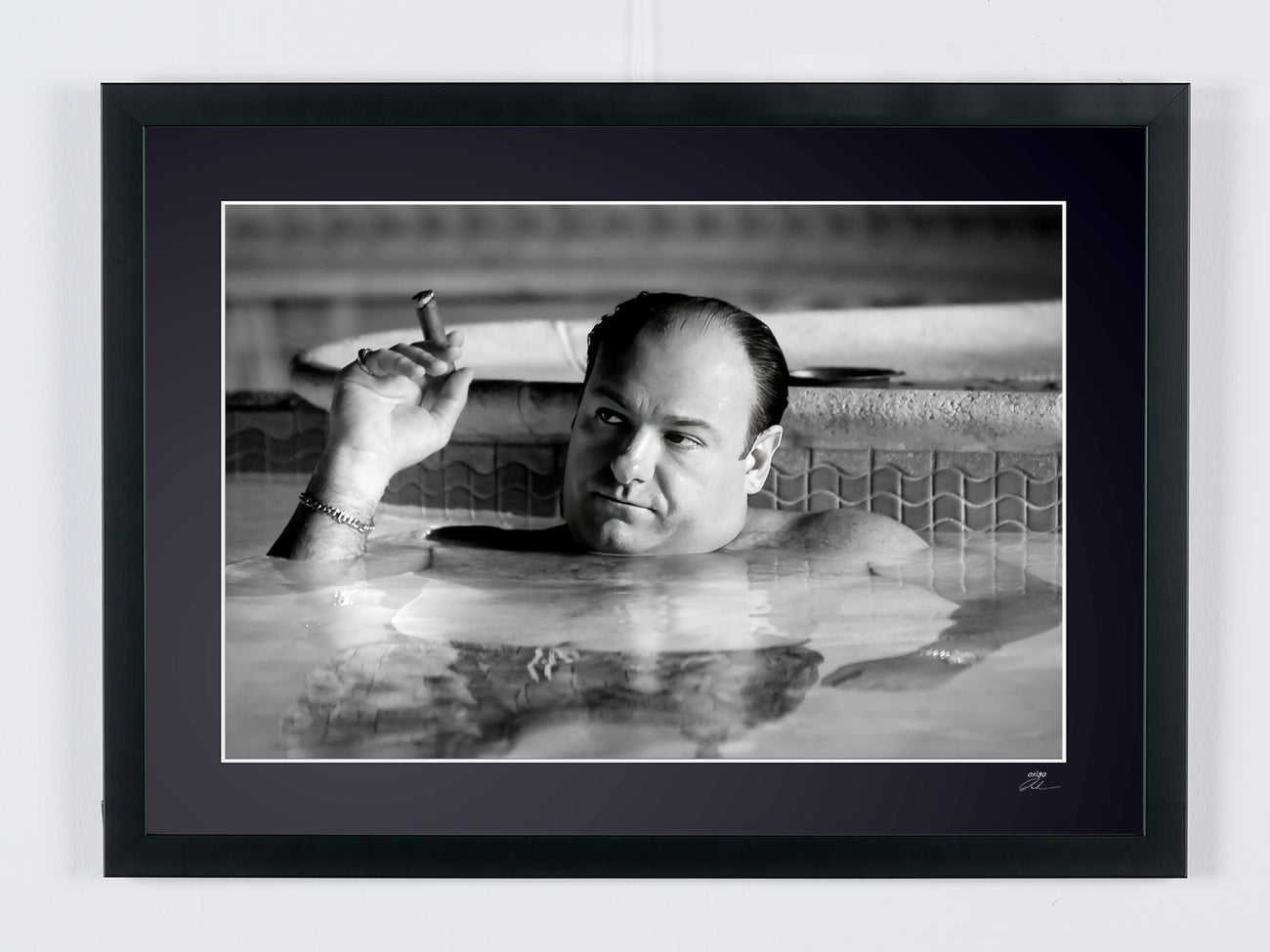 Photographie d’art de James Gandolfini dans The Sopranos - James Gandolfini (Tony Soprano), cigare dans la piscine, encadrée à la main — édition limitée de 30 exemplaires numérotés.