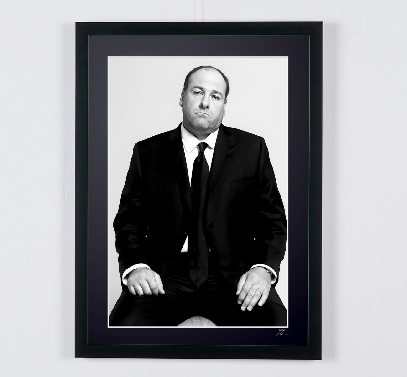 Fine art photograph of James Gandolfini in The Sopranos - James Gandolfini (Tony Soprano), seated portrait in a suit, hand-framed — limited edition of 30 numbered prints.