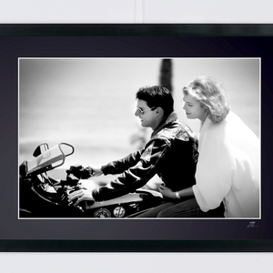 Top Gun (1986) - Tom Cruise & Kelly McGillis on the motorbike — framed cinema photograph, Fine Art print