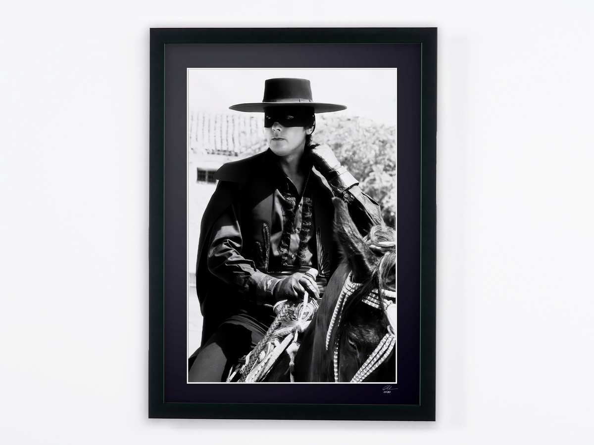 Fine art photograph of Alain Delon in Zorro, hand-framed — limited edition of 30 numbered prints.