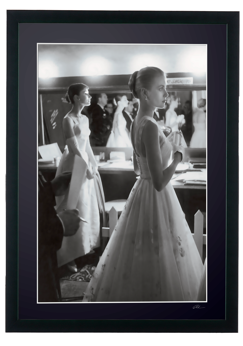 Fine art photograph of Audrey Hepburn in Audrey Hepburn and Grace Kelly — Oscars 1956, hand-framed — limited edition of 30 numbered prints.