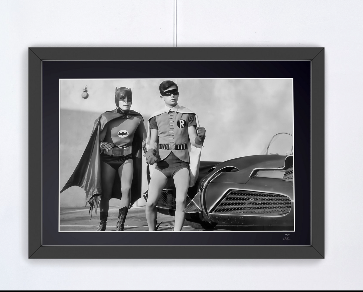 Batman (TV series, 1966) — Adam West and Burt Ward in front of the Batmobile