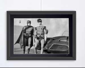 Batman (1966) - Adam West & Burt Ward by the Batmobile — framed cinema photograph, Fine Art print