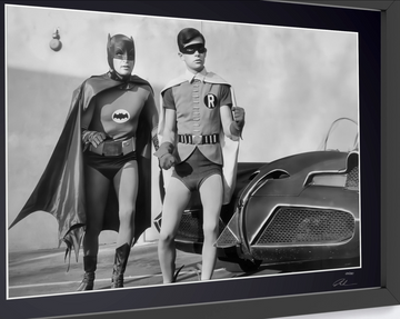 Batman (TV series, 1966) — Adam West and Burt Ward in front of the Batmobile (5)