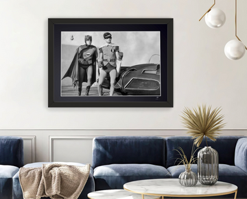 Batman (TV series, 1966) — Adam West and Burt Ward in front of the Batmobile (7)