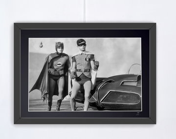 Batman (TV series, 1966) — Adam West and Burt Ward in front of the Batmobile (8)