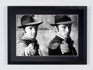 Borsalino (1970) - Jean-Paul Belmondo & Alain Delon, revolvers drawn — framed cinema photograph, Fine Art print