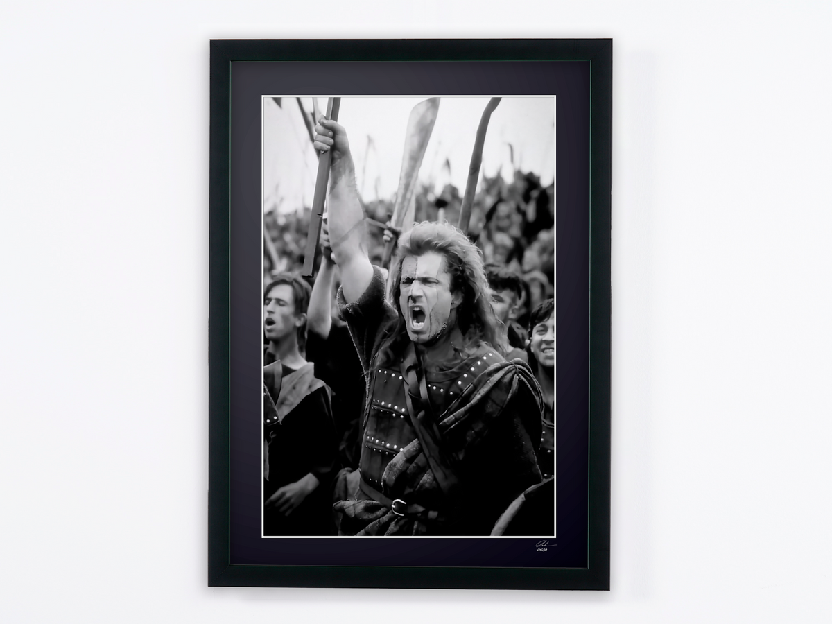 Photographie d’art de Mel Gibson dans Braveheart, encadrée à la main — édition limitée de 30 exemplaires numérotés.