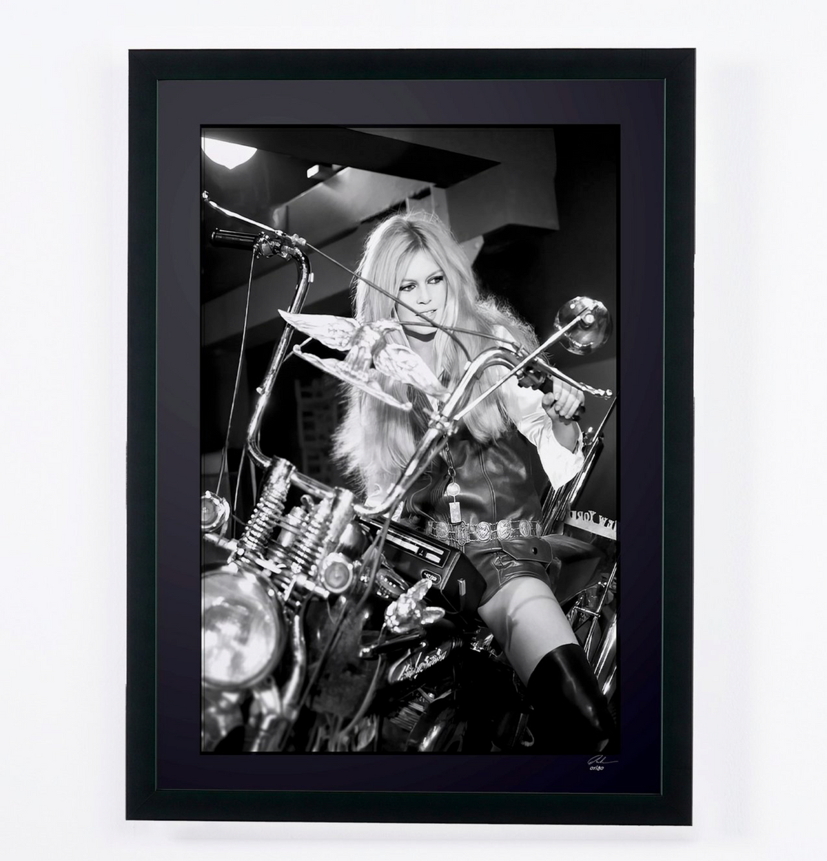Fine art photograph of Brigitte Bardot in Brigitte Bardot — Harley-Davidson (1968), hand-framed — limited edition of 30 numbered prints.