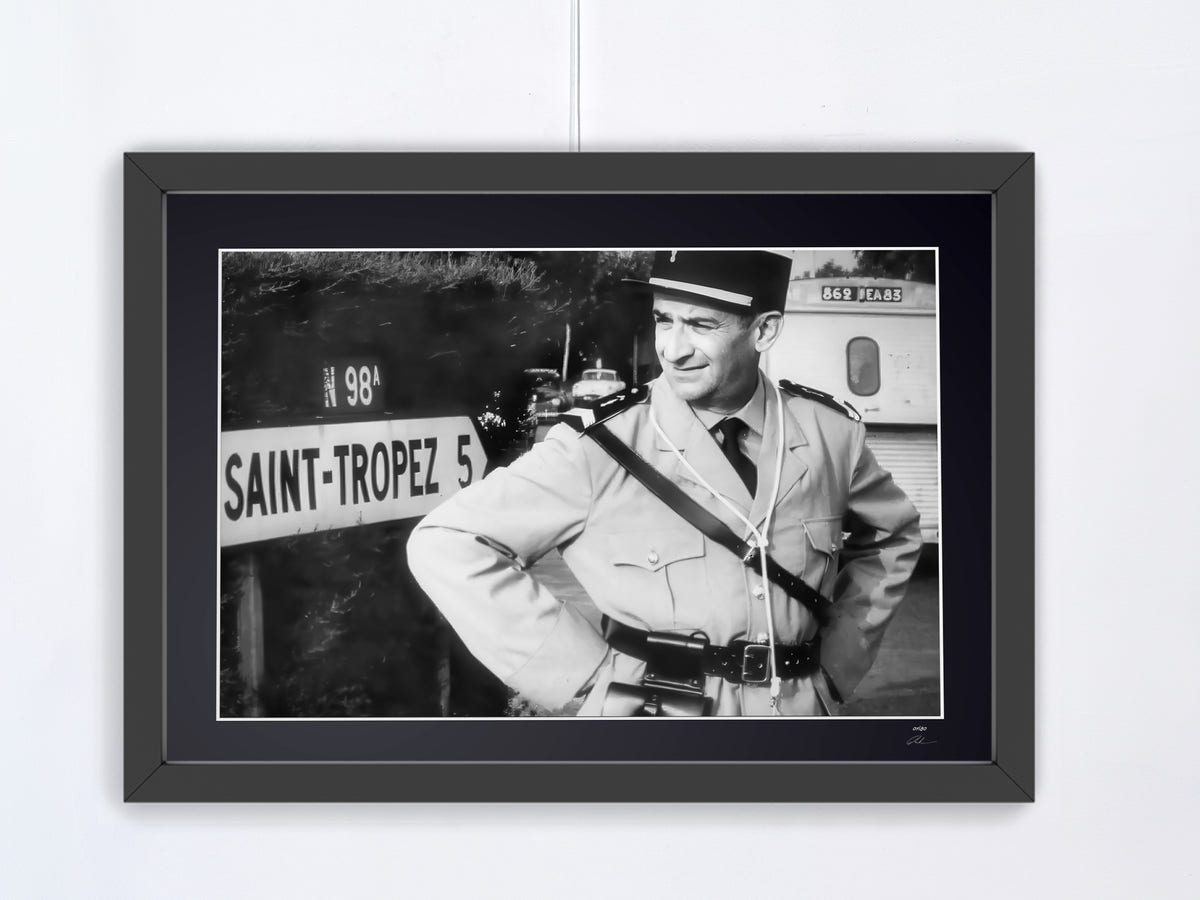 Fine art photograph of Louis de Funès in Le Gendarme de Saint-Tropez, hand-framed — limited edition of 30 numbered prints.
