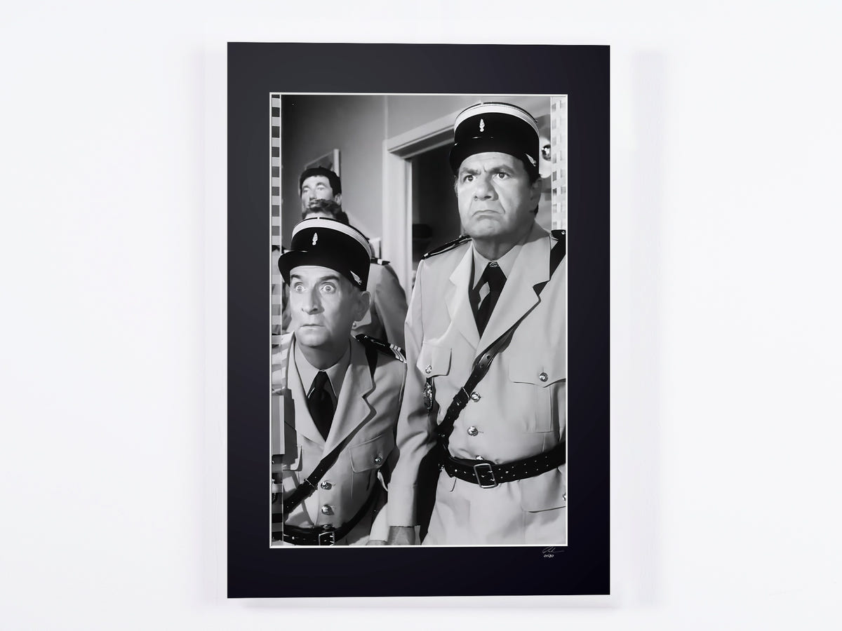 Fine art photograph of Louis de Funès in Le Gendarme de Saint-Tropez, hand-framed — limited edition of 30 numbered prints.