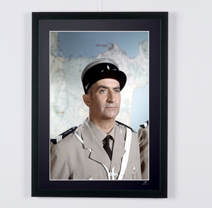 The Gendarme of Saint-Tropez - Louis de Funès (Cruchot), portrait in front of the map (colour) — framed cinema photograph