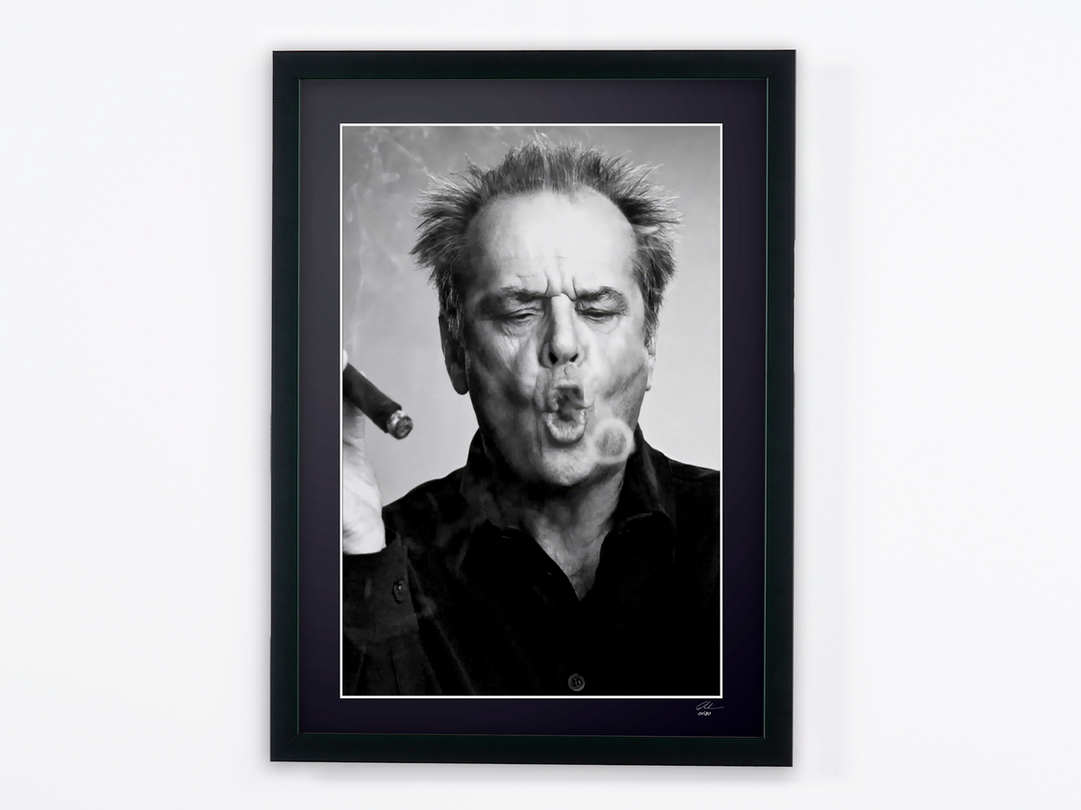 Fotografía de arte de Jack Nicholson en Jack Nicholson — el humo del puro alrededor del rostro, enmarcada a mano — edición limitada de 30 ejemplares numerados.