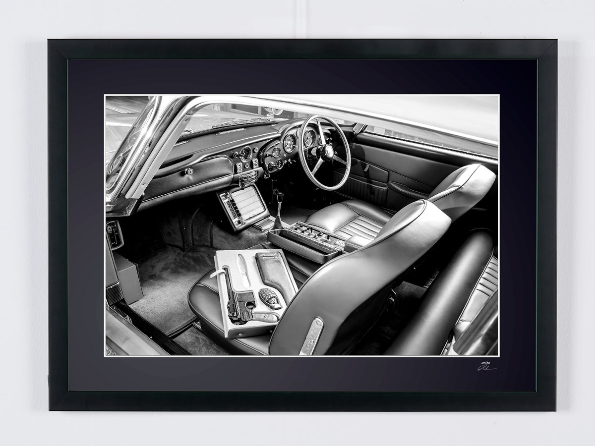 James Bond 007: Goldfinger - Aston Martin DB5 - Interior Bond Gadgets — framed cinema photograph, Fine Art print