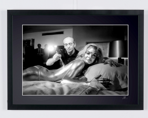 James Bond 007: Goldfinger, - Shirley Eaton as Jill Masterson on Set — framed cinema photograph, Fine Art print