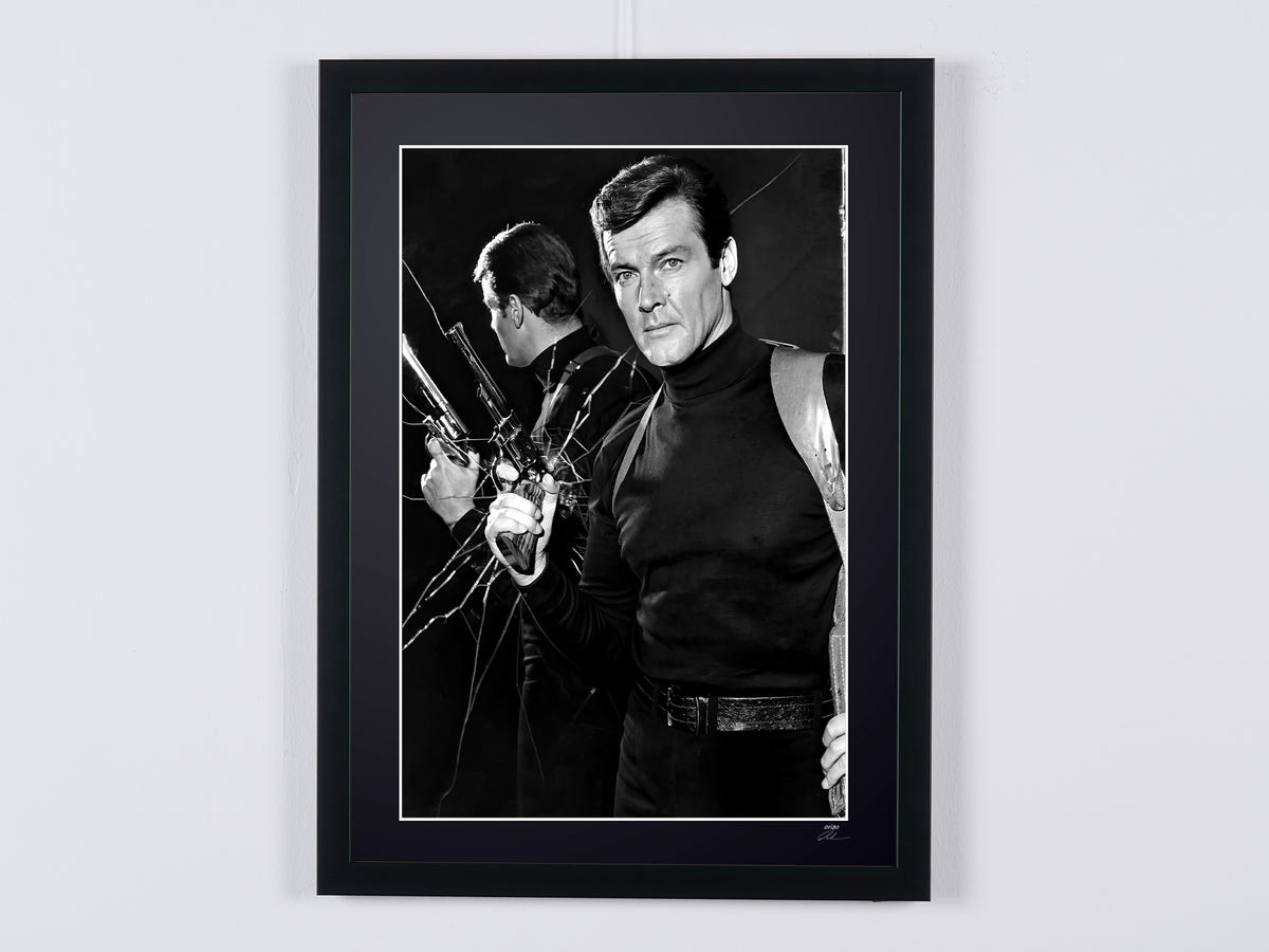 Fine art photograph of Roger Moore in Vivre et laisser mourir, hand-framed — limited edition of 30 numbered prints.
