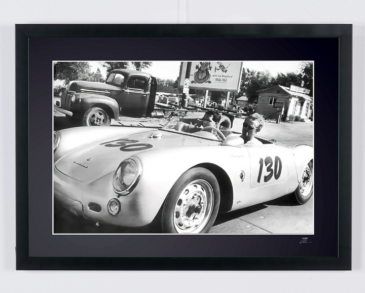 James Dean at the wheel of his Porsche 550 Speedster (1955)