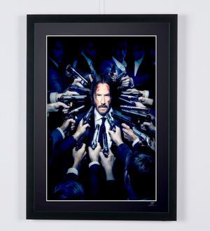 John Wick - Keanu Reeves surrounded, guns aimed from all sides — framed cinema photograph, Fine Art print