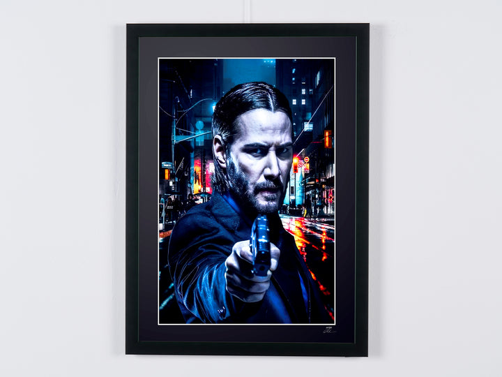 John Wick — Keanu Reeves, gun in hand under the neon lights