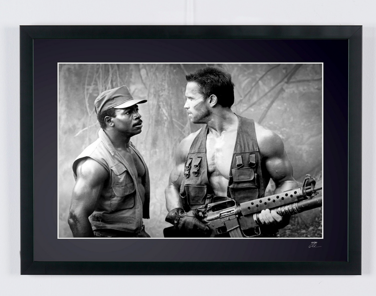 Fine art photograph of Arnold Schwarzenegger in Predator, hand-framed — limited edition of 30 numbered prints.