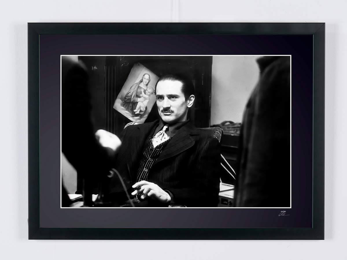 Photographie d’art de Robert De Niro dans Le Parrain, 2ᵉ partie, encadrée à la main — édition limitée de 30 exemplaires numérotés.