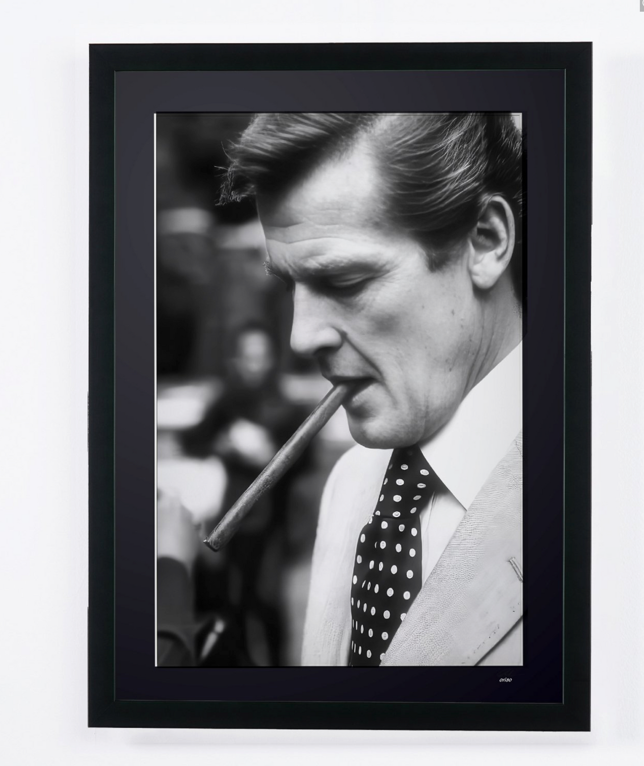 Fine art photograph of Roger Moore in Roger Moore — Iconic, hand-framed — limited edition of 30 numbered prints.