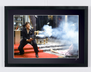 Scarface (1983) - Al Pacino as Tony Montana - Wooden Framed 70X50 cm - Original Certificate of Authenticity (COA), Hologram Logo Editor and QR Code — framed cinema photograph