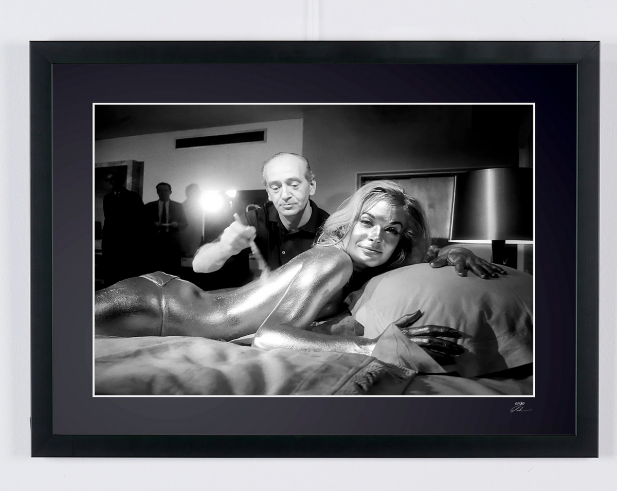 James Bond 007: Goldfinger, - Shirley Eaton as Jill Masterson on Set — framed cinema photograph, Fine Art print