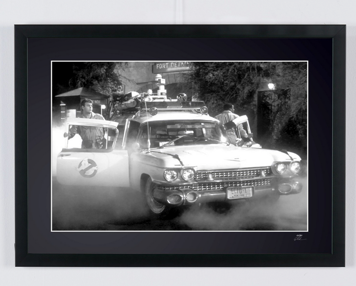 Ghostbusters - Cast and Crew Behind The Scenes with Ecto 1 — framed cinema photograph, Fine Art print