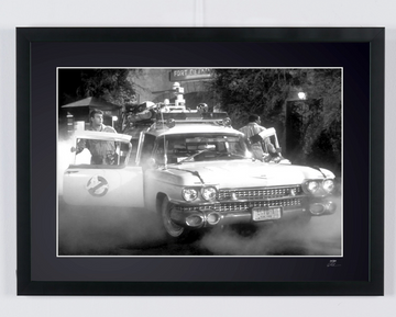 Ghostbusters - Cast and Crew Behind The Scenes with Ecto 1 — framed cinema photograph, Fine Art print