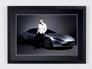 James Bond 007: Spectre (2015) - Daniel Craig in a white tuxedo posing with the DB10 — framed cinema photograph