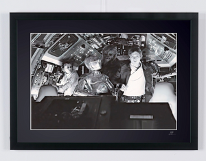 Star Wars, Millennium Falcon Cockpit with Han, Chewie, Leia and C-3PO — framed cinema photograph, Fine Art print