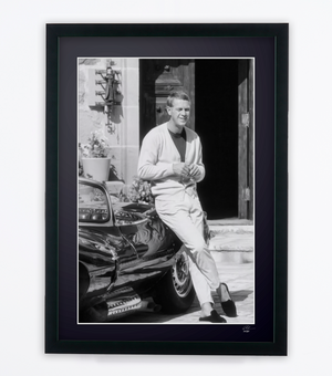 Steve McQueen At home California - Jaguar XK-SS in 1966 — framed cinema photograph, Fine Art print