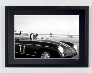 Steve McQueen in his Porsche 356 Speedster at Riverside — framed cinema photograph, Fine Art print