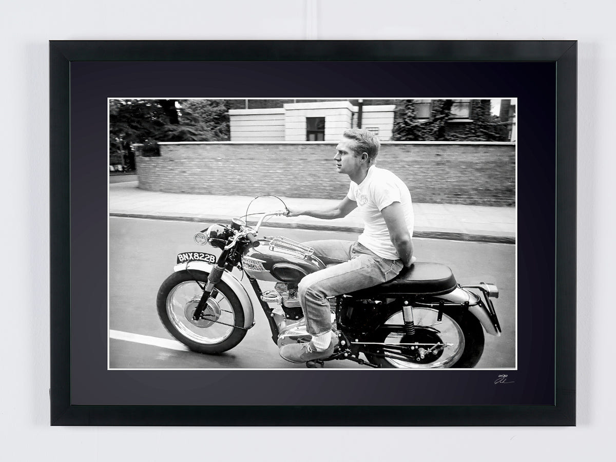 Fine art photograph of Steve McQueen in Steve McQueen — Triumph TR6, 1966, hand-framed — limited edition of 30 numbered prints.